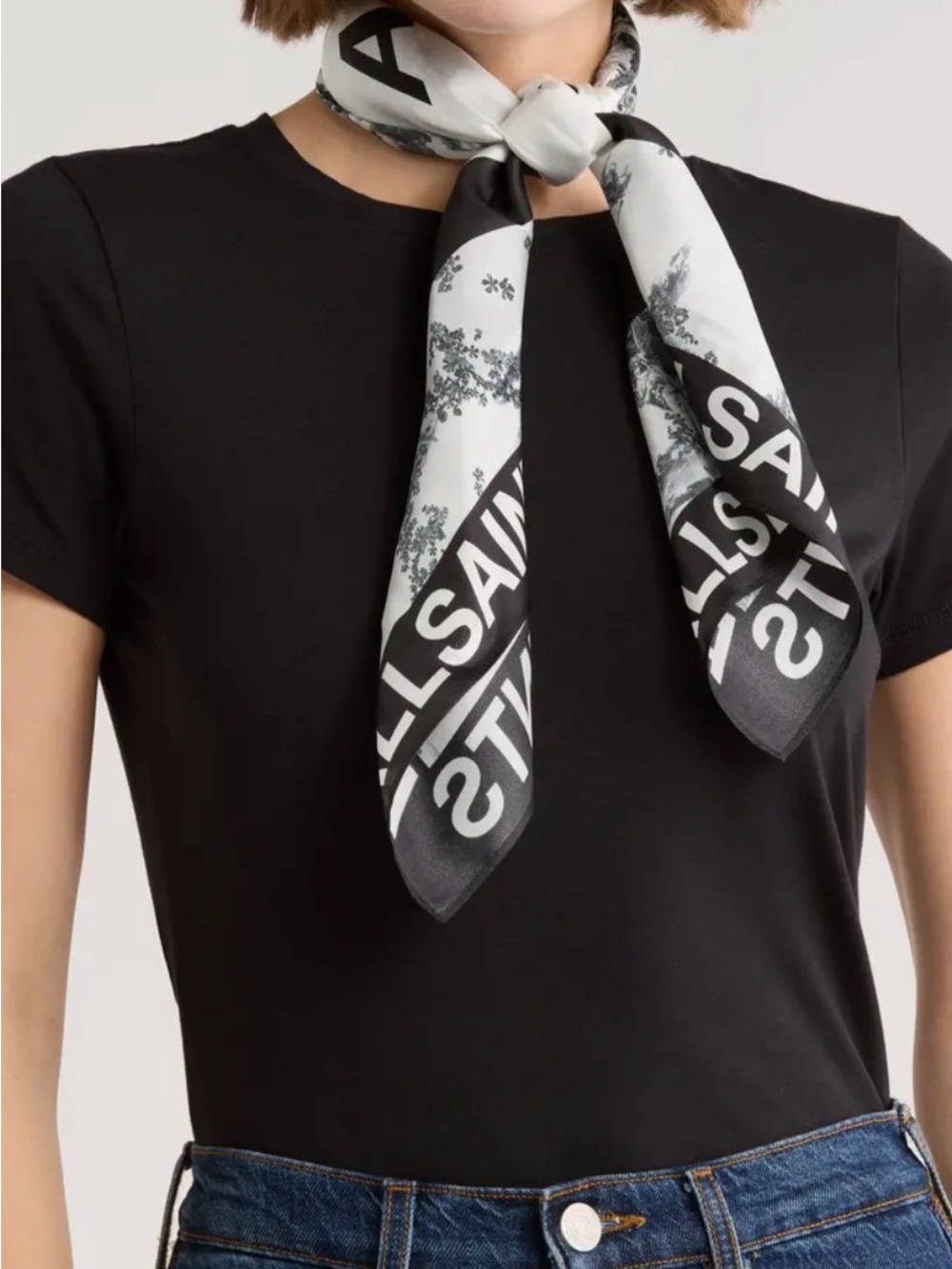NWT AllSaints Black and White Logo Square Silk Scarf